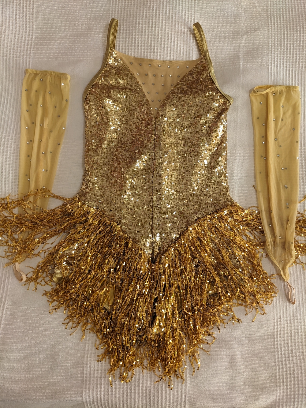 Weissman Gold Sequin Fringe Dance Costume with point gloves. Youth